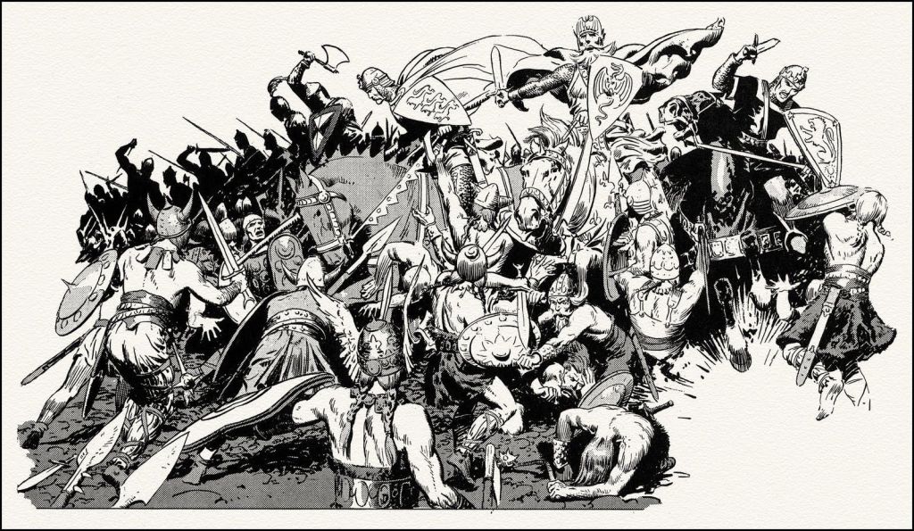 Batalla con guerreros a pie y a caballo dibujada por Harold Foster.