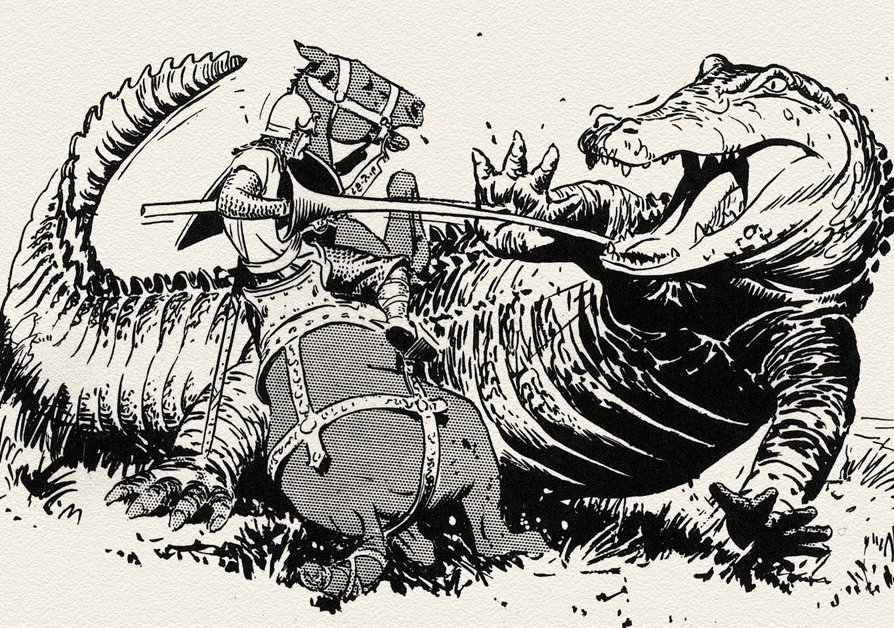 Dibujo de Harold Foster de un guerrero luchando con un cocodrilo gigante.